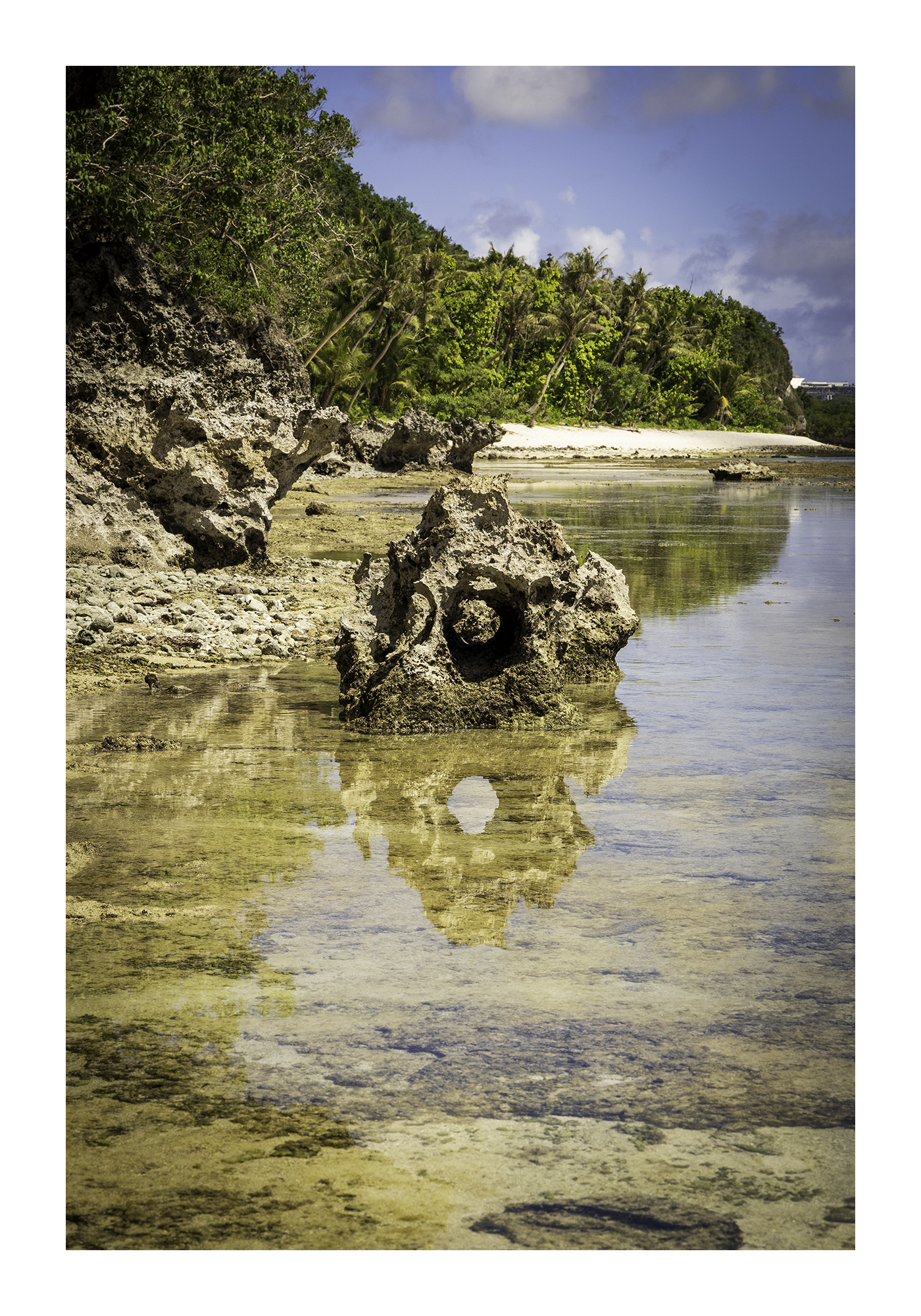 A 12x18 inch fine art coastal reflection photograph showing the product dimensions and symmetrical white handling border margins.