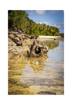A 8x12 inch fine art coastal reflection photograph showing the product dimensions and symmetrical white handling border margins.