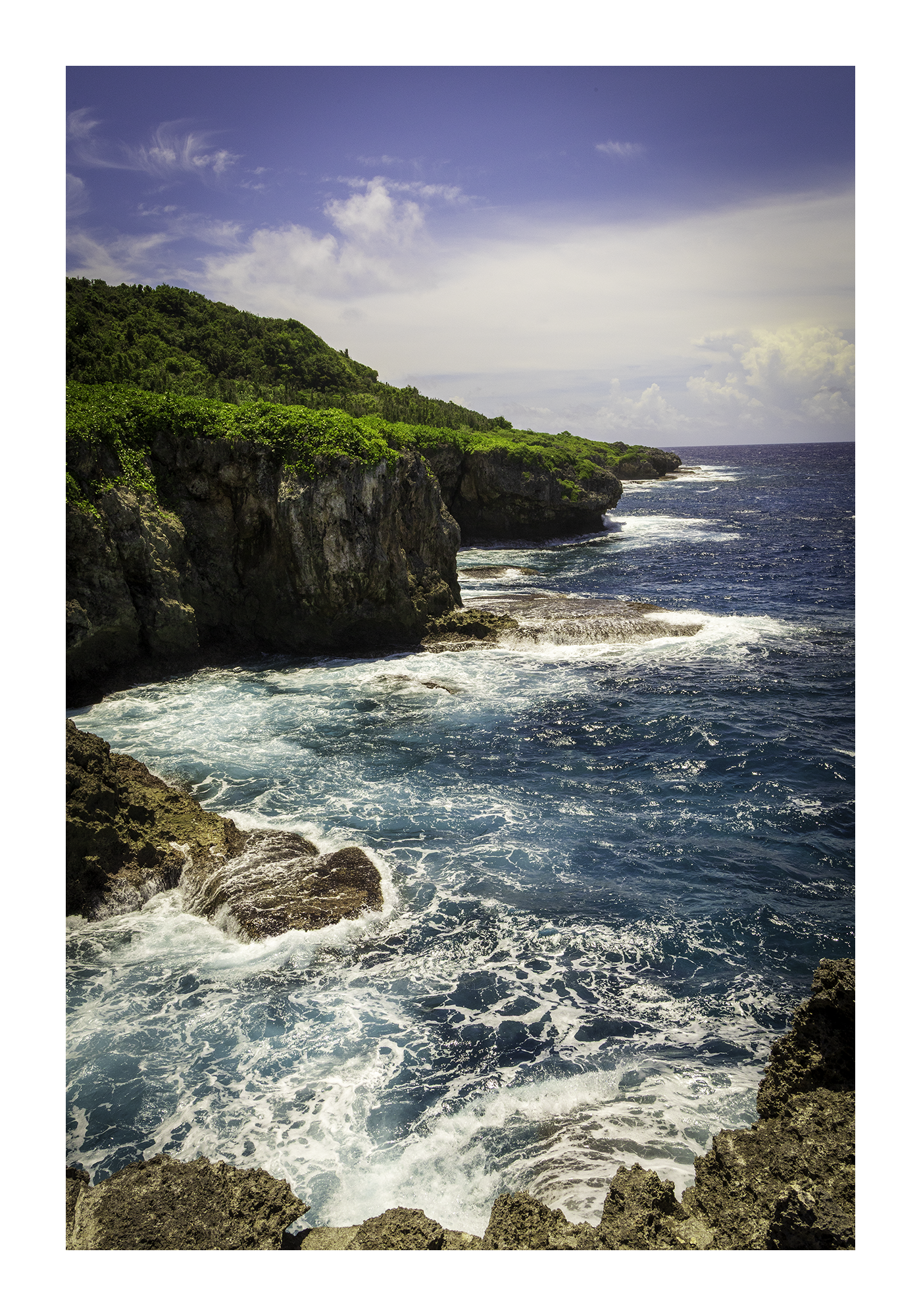 A 12x18 inch fine art coastal landscape print of Pagat Point in Guam, showing product dimensions and white border margins.