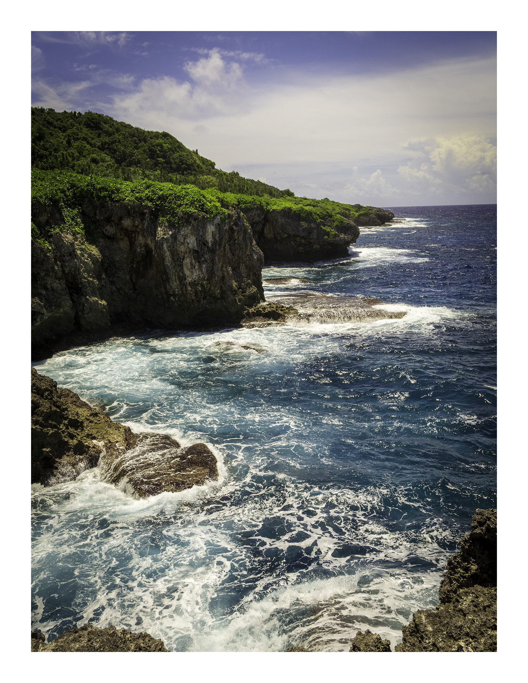 A 17x 22 inch fine art coastal landscape print of Pagat Point in Guam, showing product dimensions and white border margins.
