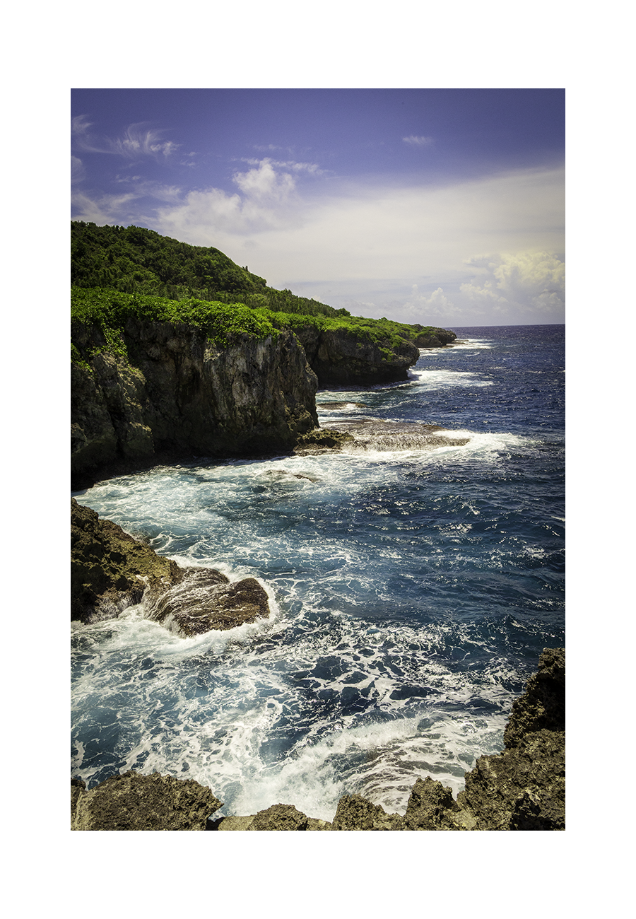 A 8x12 inch fine art coastal landscape print of Pagat Point in Guam, showing product dimensions and white border margins.