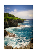 A 8x12 inch fine art coastal landscape print of Pagat Point in Guam, showing product dimensions and white border margins.