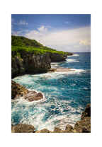 A 8x12 inch fine art coastal landscape print of Pagat Point in Guam, showing product dimensions and white border margins.