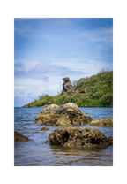 An 8x12 inch fine art coastal photography print of Bear Rock in Guam, showing product dimensions and clean white border margins.
