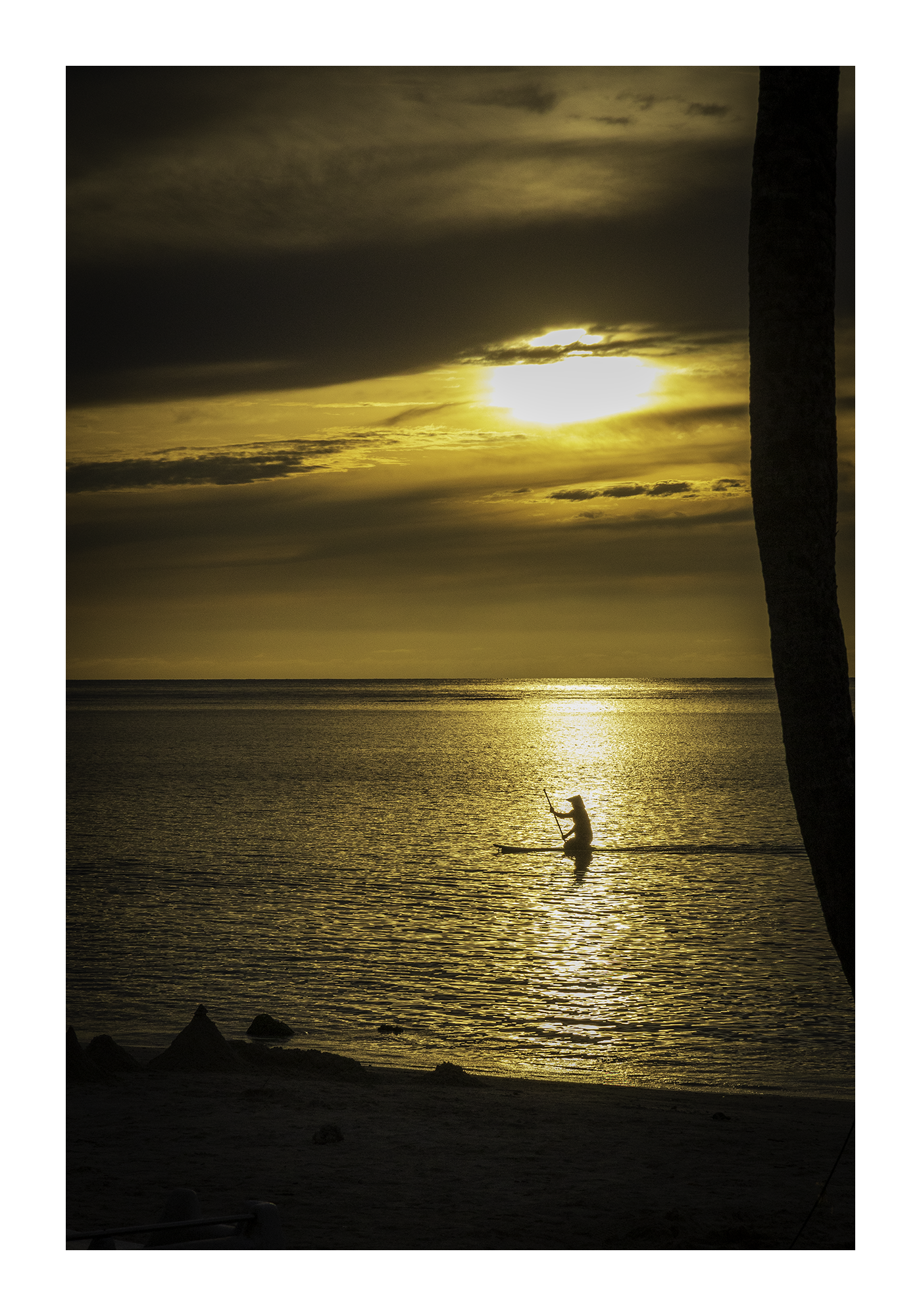 A 12x18 inch fine art print of a golden sunset and paddleboarder silhouette, showing product dimensions and clean white margins.
