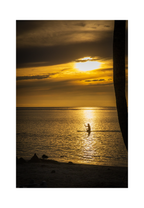 A 8x12 inch fine art print of a golden sunset and paddleboarder silhouette, showing product dimensions and clean white margins.