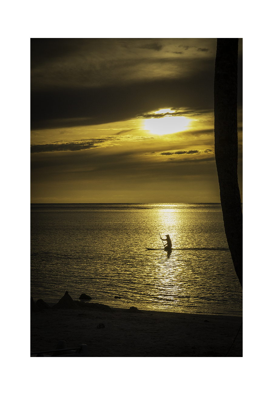 A 8x12 inch fine art print of a golden sunset and paddleboarder silhouette, showing product dimensions and clean white margins.