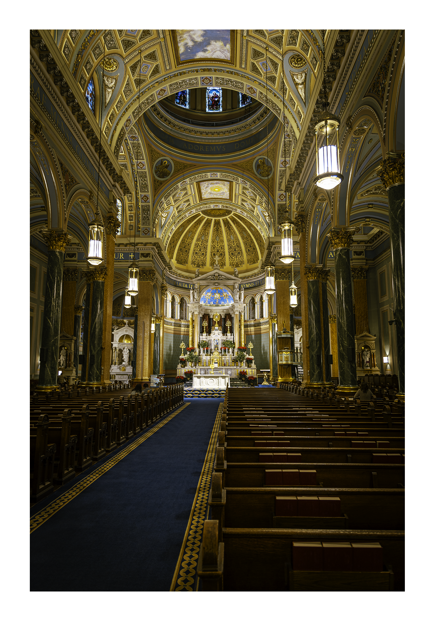 A 12x18 inch fine art architectural print of the St. Jean Baptiste sanctuary, showing the product dimensions and symmetrical white margins.