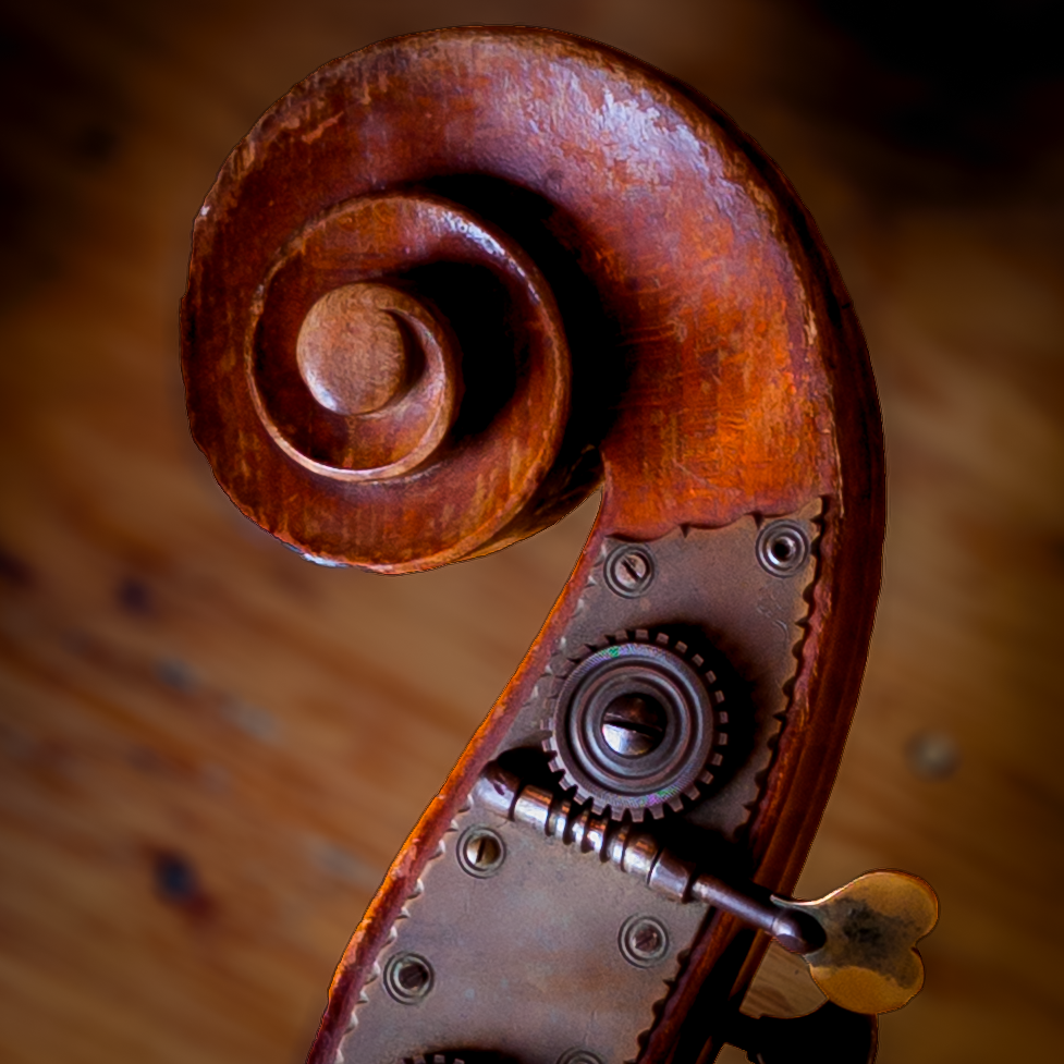 A close-up detail shot focusing on the aged brass plates, mechanical tuning gears, and hand-carved spiral scroll of a double bass.