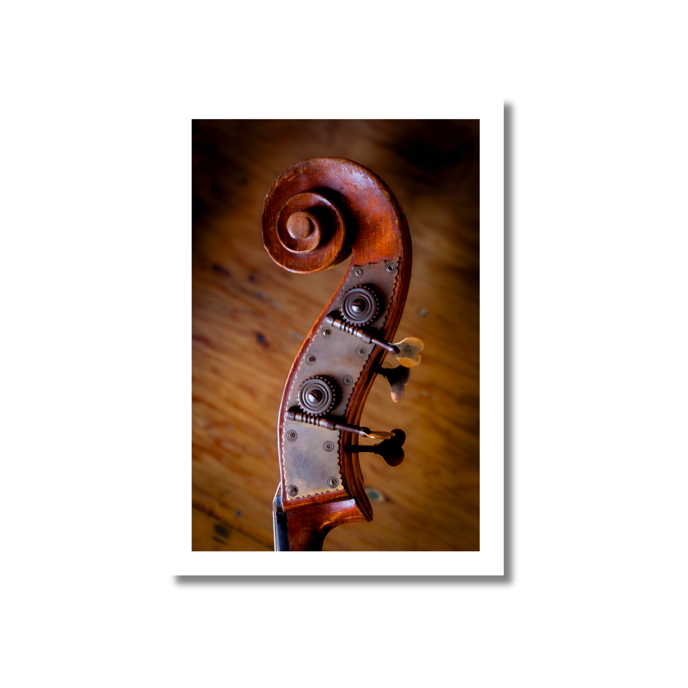 Macro photograph of a double bass headstock showcasing a carved wooden scroll and brass tuning gears against a wood floor in Goshen NY.