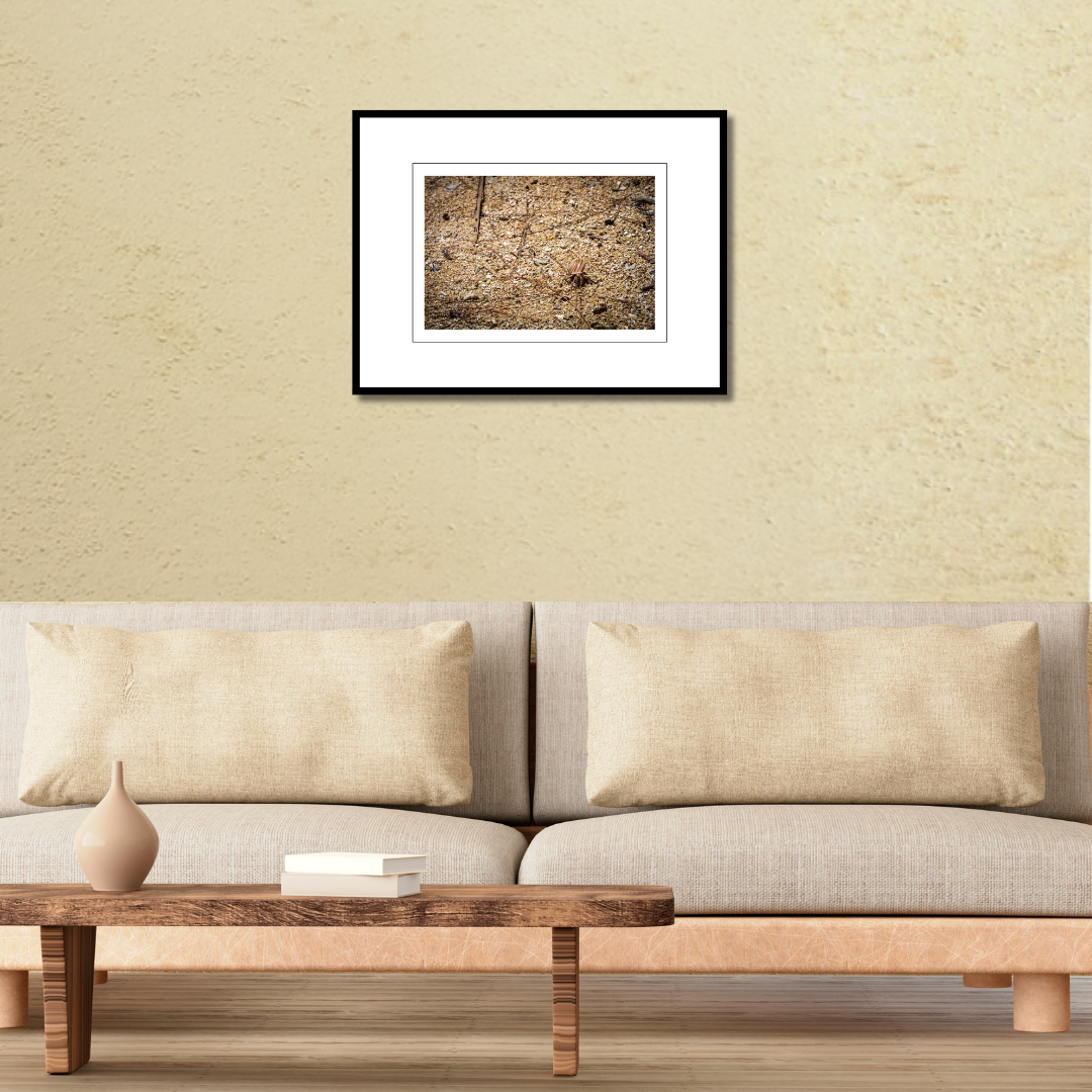 A 12x8 Hermit of Gadao's Cave print in an 18x24 frame, styled on a living room wall above a contemporary couch.
